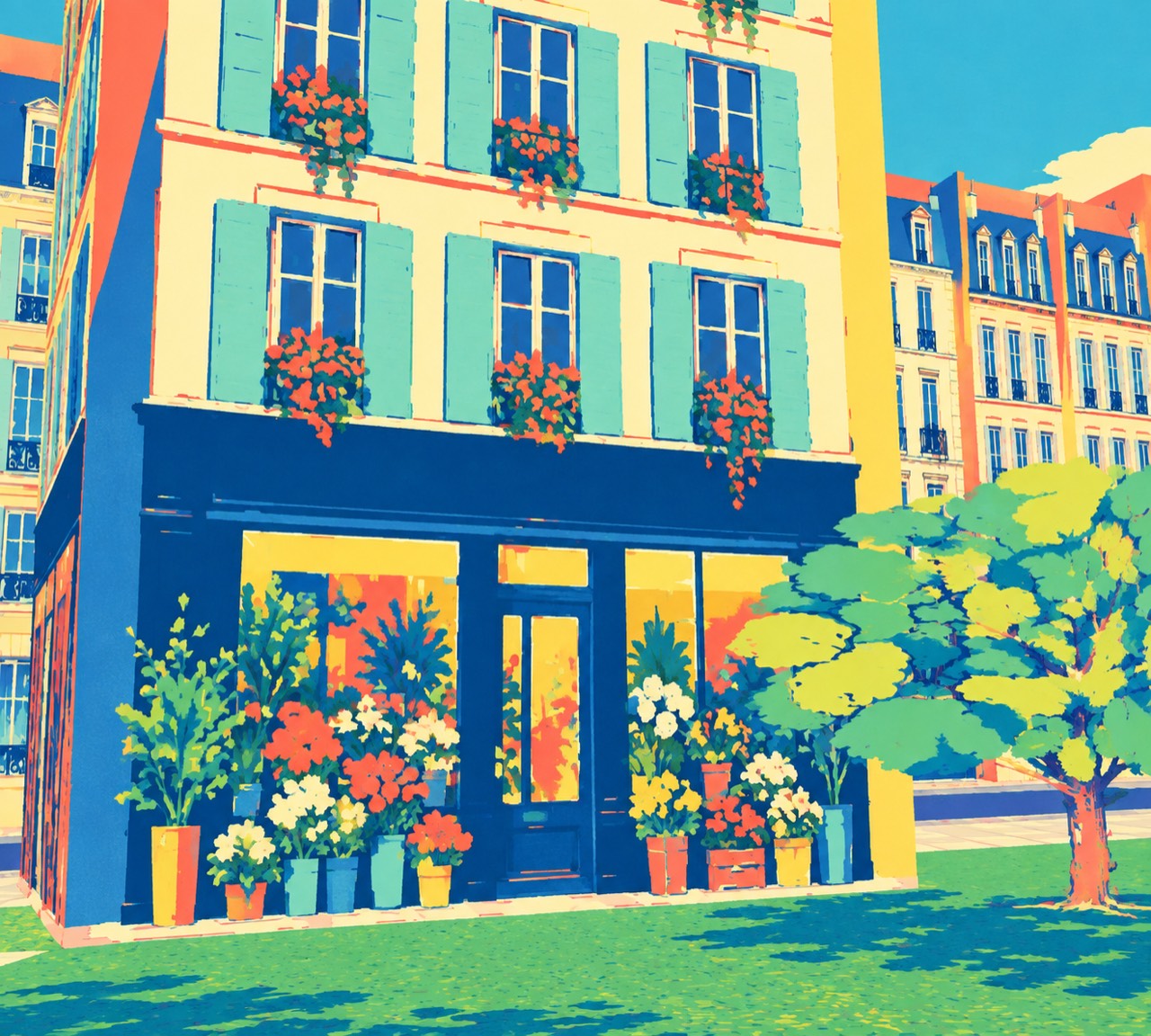 Sérigraphie pop d'une façade de fleuriste sur une place parisienne